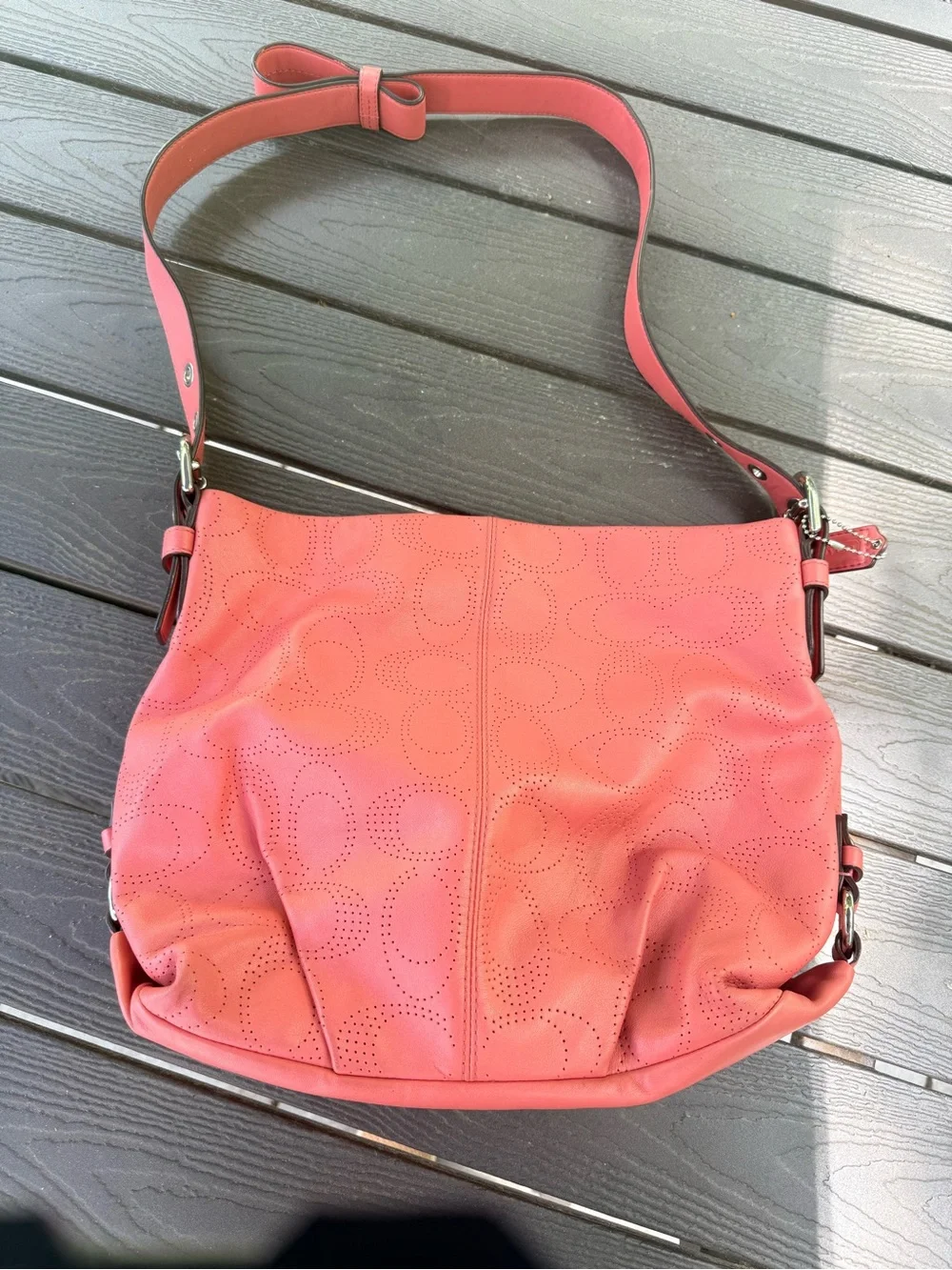Coral Perforated Leather Shoulder Bag